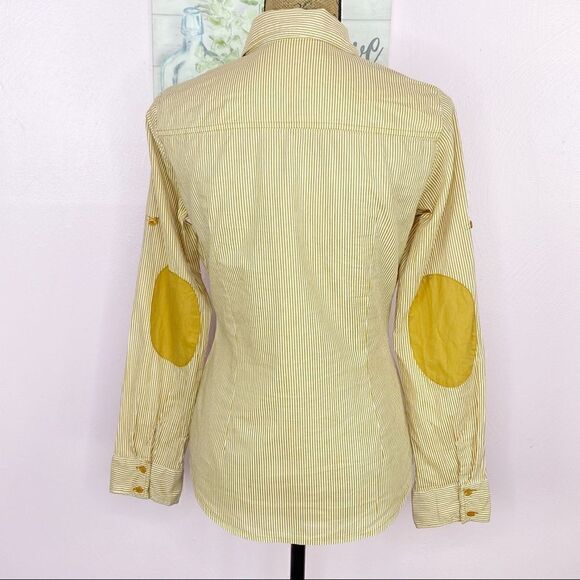 Zara TRF Button Front Shirt Striped Elbow Patches Medium Yellow White Oxford - Picture 5 of 9
